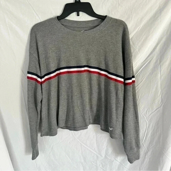 Hollister Boyfriend Waffle Long Sleeve gray w/ a Red White & Blue stripe Size M - Picture 1 of 3